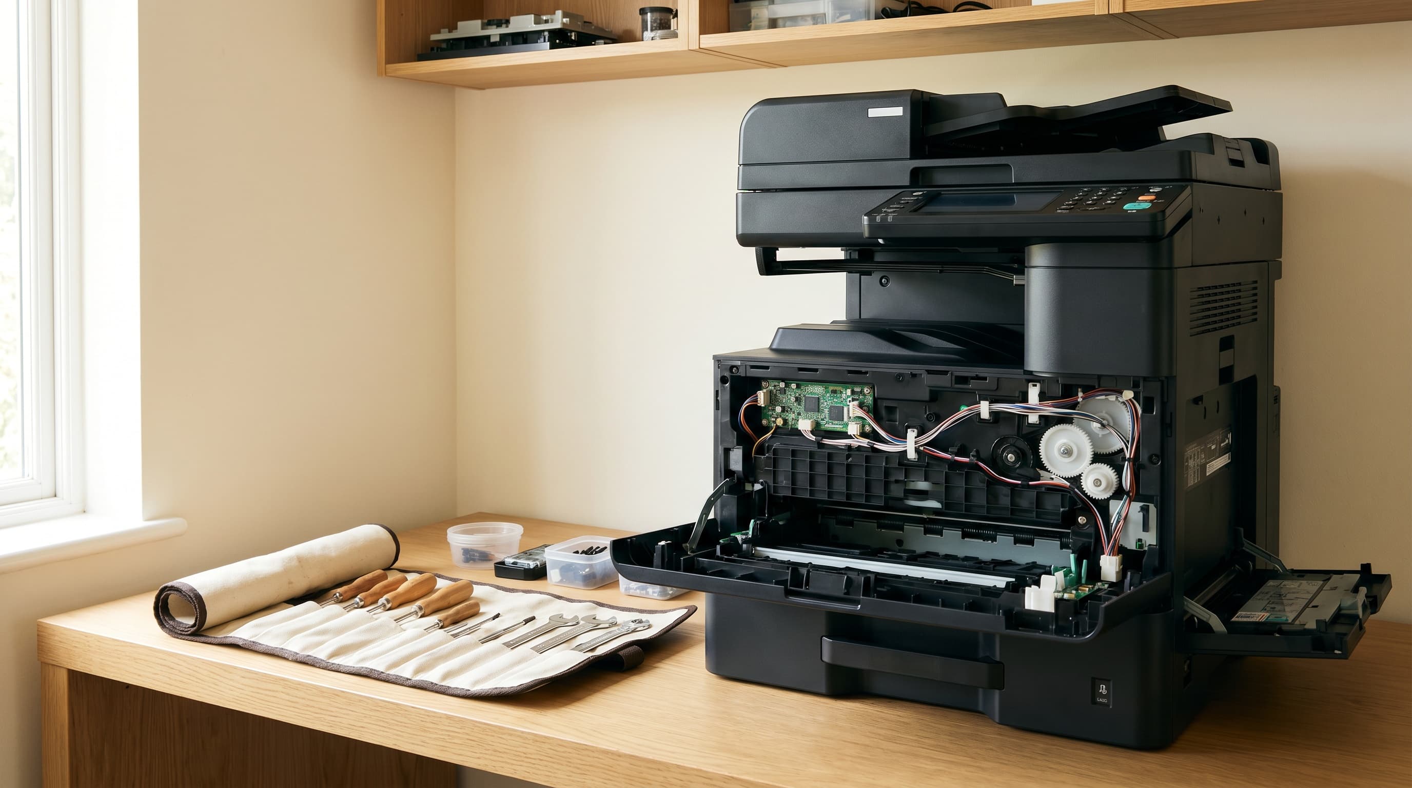 Certified technician's tools beside an open Toshiba multifunction printer during servicing