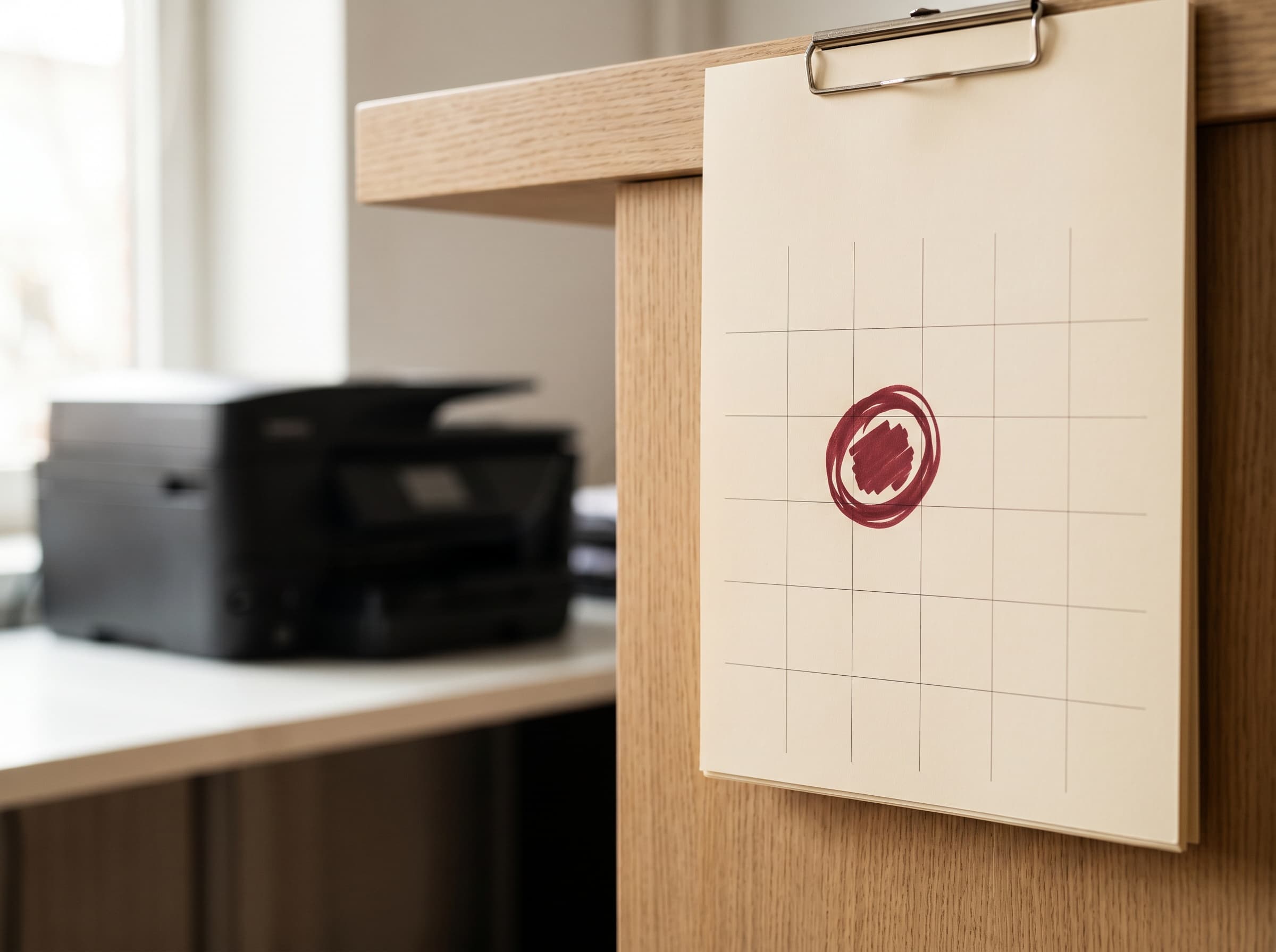 A calendar marking 30 days notice beside an office printer on flexible rental