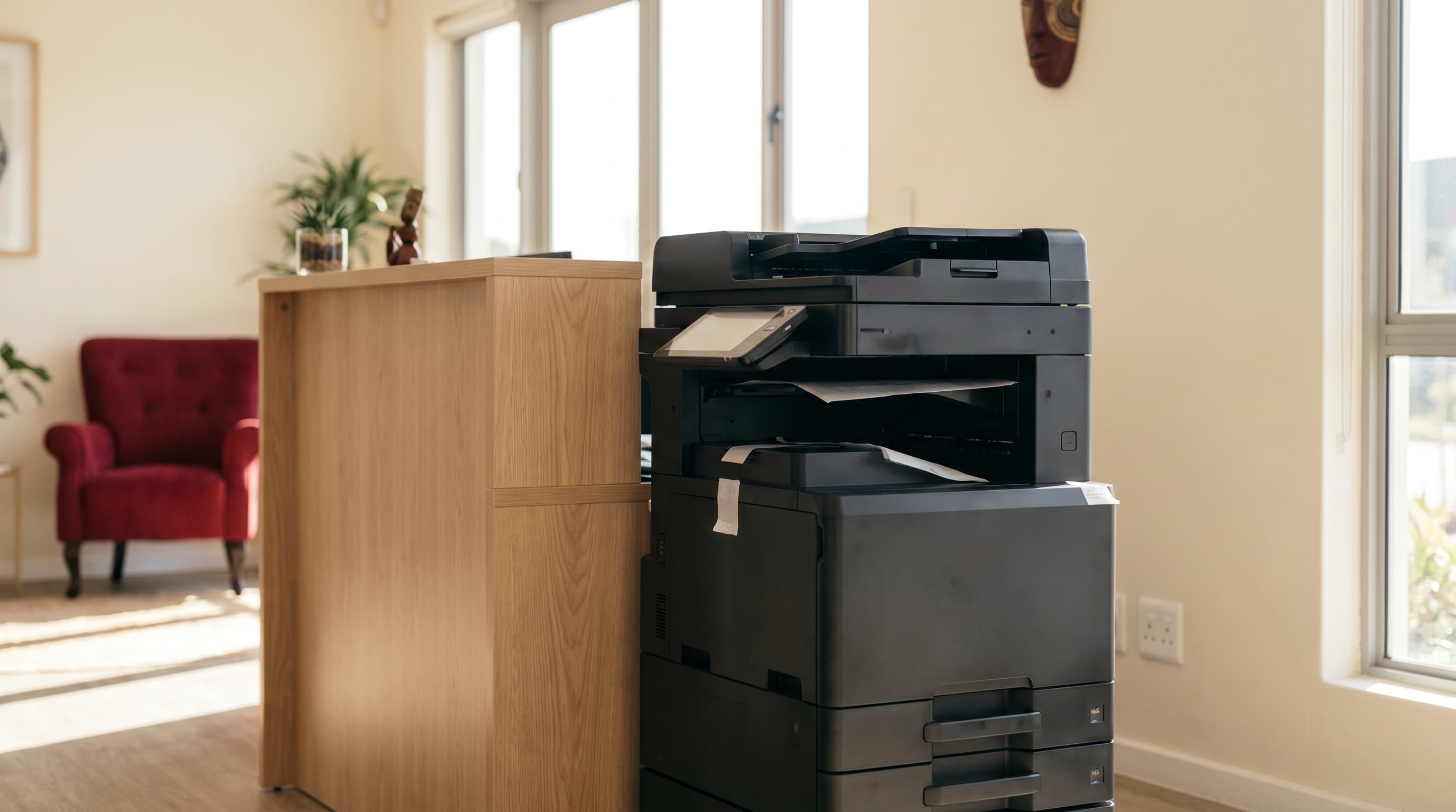 A brand new Toshiba e-STUDIO printer installed at a Gauteng office reception