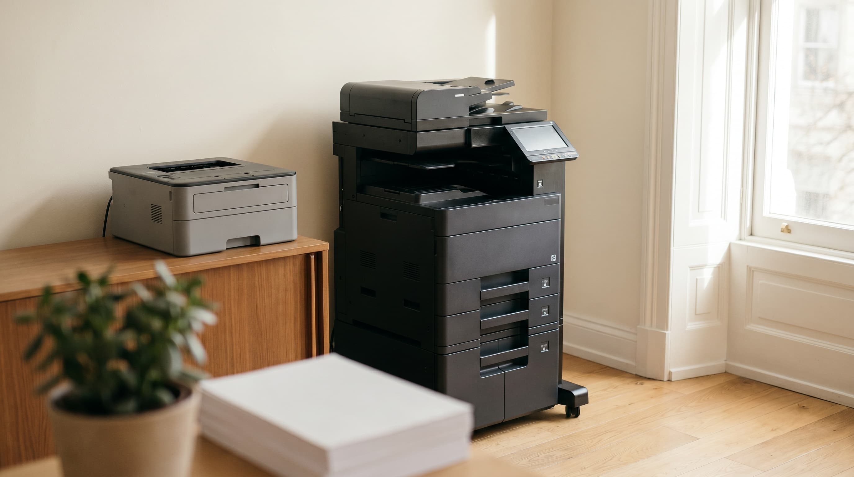 An old desktop printer beside its new Toshiba e-STUDIO replacement in a Gauteng office